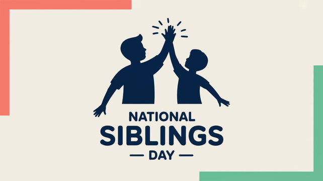 National siblings day illustration with silhouettes of two children high fiving on beige background with colorful accents