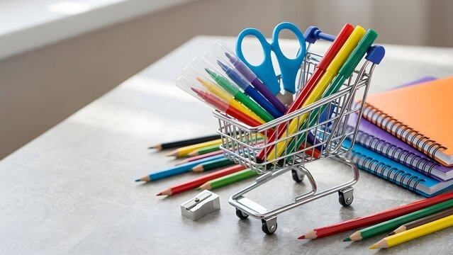 Miniature Shopping Cart Filled with Colorful School Supplies on a Desk.