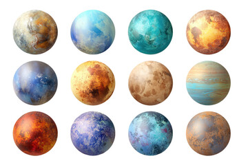 Obraz premium Different colored planets arranged in a grid showcasing various textures and patterns in space setting
