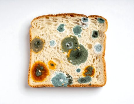 A slice of bread with mold and fungus growth on its surface
