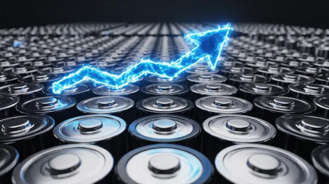Systematic arrangement of cylindrical lithium battery cell with a brilliant radiant rising arrow representing commercial development, power storage increase, and industrial advancement.