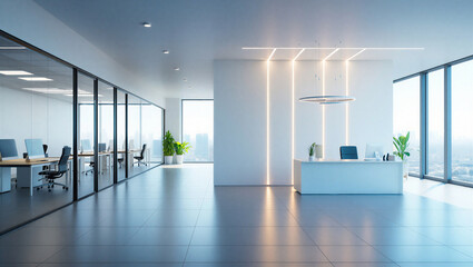 Modern Office Reception Area with Glass Partitioned Workspaces and Panoramic City Views.