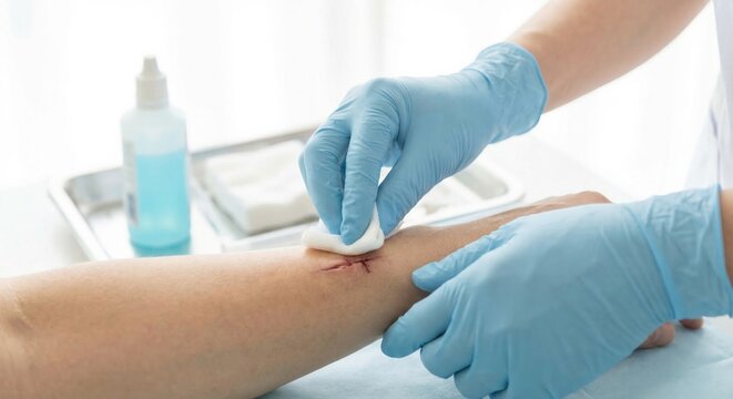 Healthcare professional cleaning surgical wound with gauze