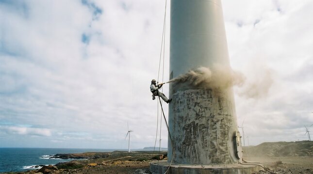 Worker sandblasting wind turbine base for maintenance