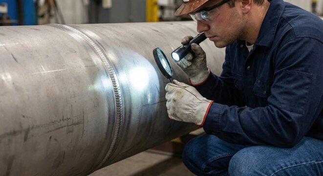 Technician inspecting weld joint with magnifying glass