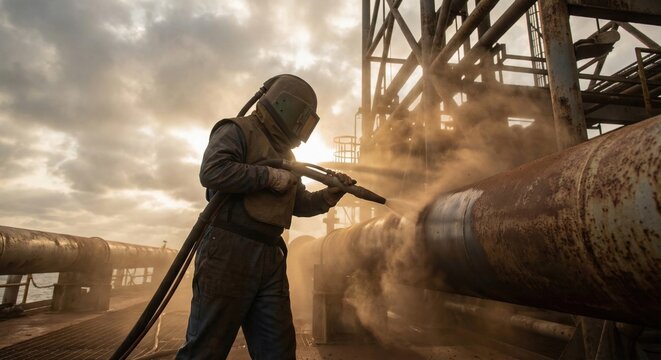 Industrial worker sandblasting pipe on offshore oil rig