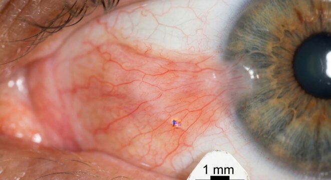 Macro shot of pterygium growth on human eye cornea