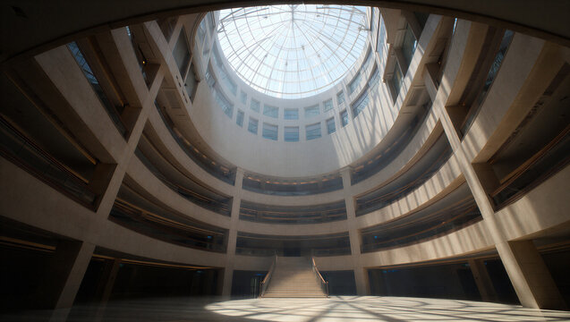 Grand Modern Interior of a Building with Circular Levels and Glass Dome Skylight.