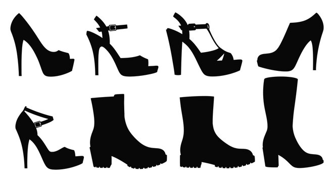 A collection of various high heeled shoes and boots presented as a black silhouette high quality professional
