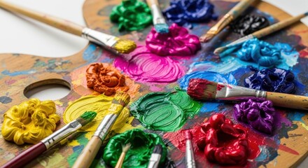 Obraz premium Vibrant Palette of Colors and Brushes for Artistic Creation.