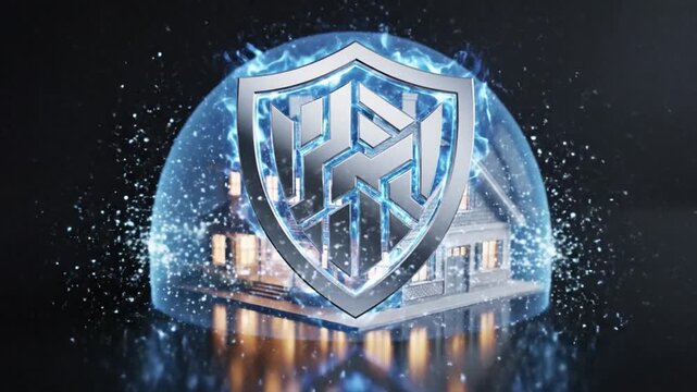 Miniature architectural home model with silver shield for insurance coverage estate safety and property preservation featuring glowing interior illumination