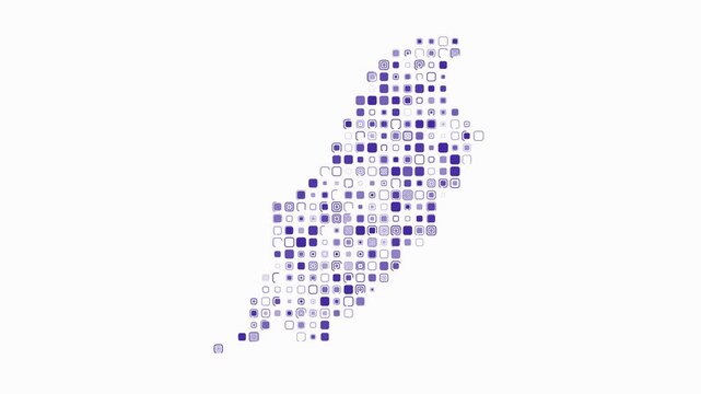 Isle of Man map animation. Shape of the country with pulsating colored dots. Large size rounded square blocks. Digital style Isle of Man map on white background. Amazing video.