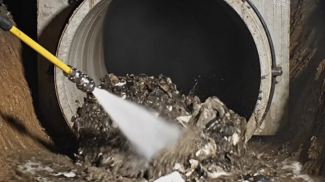 Intensive hydro jet cleaning of a severed main sewer pipe using high pressure water stream to clear industrial blockage debris and sludge residue for urban sanitation infrastructure maintenance.