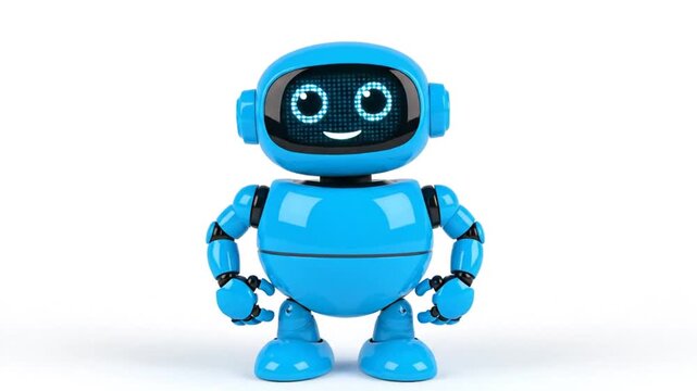 Cute blue robot waving hello, friendly futuristic artificial intelligence character