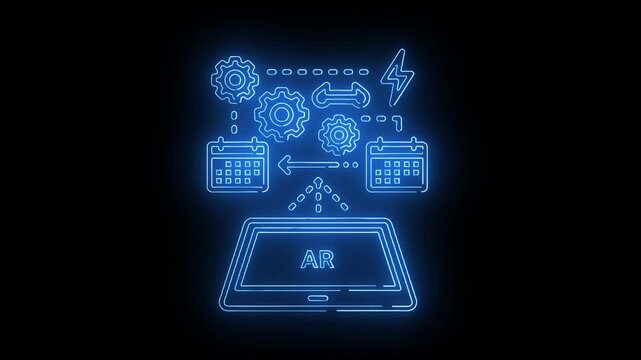 Glowing blue neon illustration of a tablet with AR on the screen and various icons floating above it against a black background.