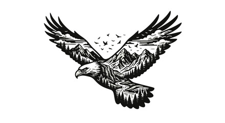 Fototapeta premium Black silhouette vector illustration of a wild eagle with wings in flight, a powerful animal symbol of freedom and nature designed as a stylized bird tattoo icon