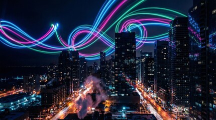 Fototapeta premium A bustling city at night, filled with colorful lights and a light trail, creating a lively and dynamic atmosphere