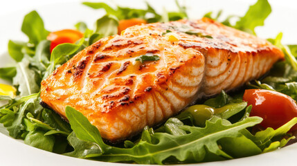 A delicious grilled salmon fillet on a bed of fresh arugula salad on transparent background
