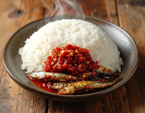 Steamed Rice with Sambal Teri Indonesian Spicy Anchovies