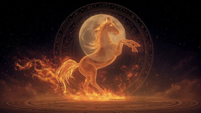 A glowing mythical fire horse rising from radiant golden flames under a luminous full moon in the night sky. Subtle zodiac symbols and celestial patterns surround the horse, forming a mystical cosmic 