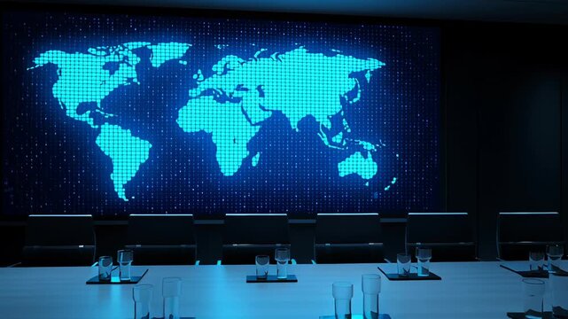 A large dark conference room filled with rows of black chairs facing a large wall screen. The screen displays a glowing world oil map in blue and deep cyan tones, highlighting emerging oil markets 