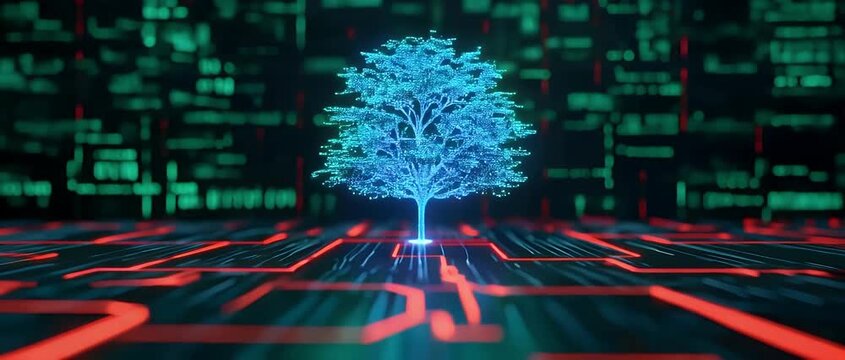 Futuristic Cinematic Tree in Digital Environment with Neon Elements
