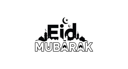 A festive eid mubarak greeting featuring a mosque and crescent moon silhouette high quality professional detailed