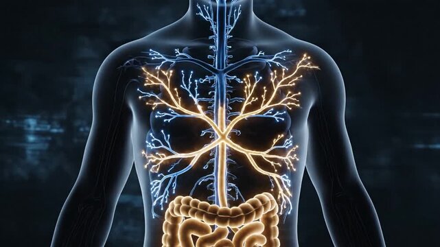 Glowing anatomical human silhouette depicting intricate neurological brain nerve pathways linked to the gastrointestinal digestive tract illustrating the symbiotic gut-brain axis connection.