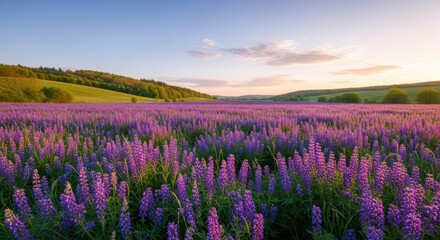 Fototapeta premium Vibrant lupine field at sunset with rolling hills backdrop.