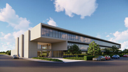 Obraz premium Contemporary Office Building with Bold Architectural Entrance and Parking Area