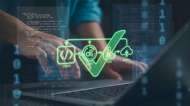 DevOps software development lifecycle. Engineer managing automated build and deploy. Digital programming environment with code.