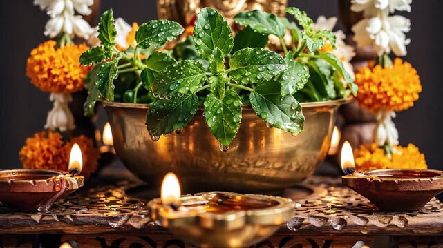 golden bowl filled with green leaves illuminated by diyas in a tranquil indoor setting, captured from a close perspective