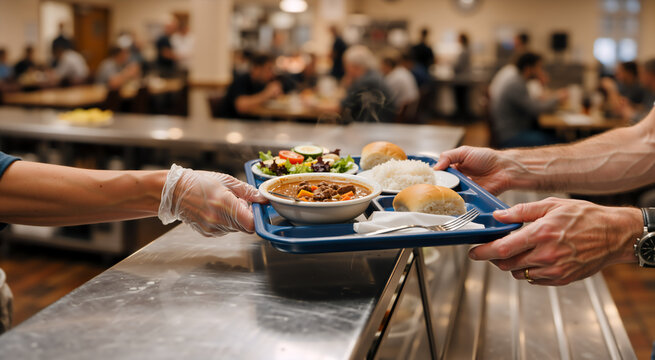 Hands passing a food tray in a busy cafeteria. Charity and community service concept. Serving a hot meal of stew and rice to a person