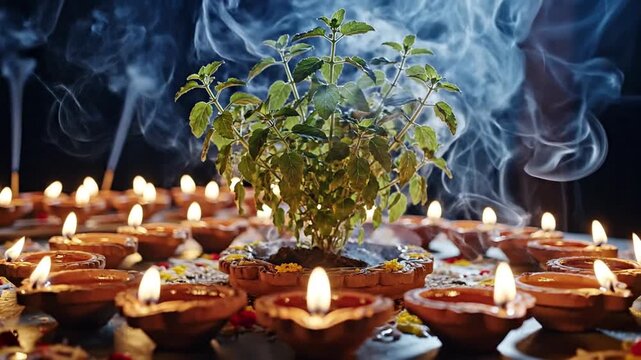 Serene night devotion scene with a basil plant surrounded by glowing diyas, captured from a close viewpoint in a dimly lit spiritual setting