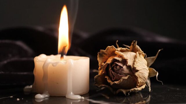 Flickering memorial candle flame burning beside a wilted dried flower on a dark somber surface symbolizing mourning grief sadness and wrongful death loss in memory of a deceased person