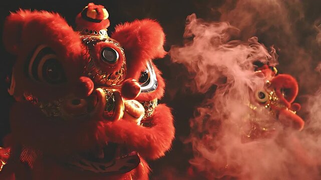 Red Lion Dance: Vibrant red lion dance performances with intricate details, swirling in a cloud of smoke, against a deep black backdrop. Capturing the dynamic energy and cultural heritage.