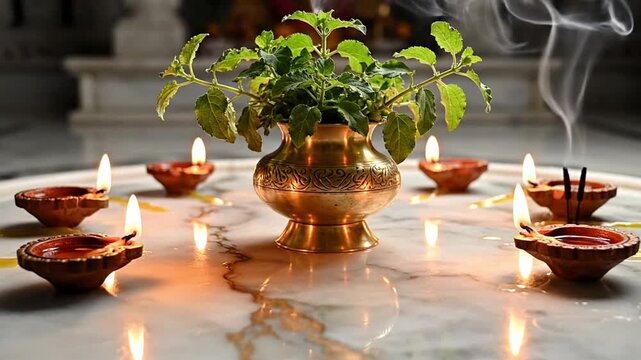 Quiet shrine tableau featuring a holy Tulsi plant in a copper pot, surrounded by glowing diyas on marble floor, captured from an intimate perspective