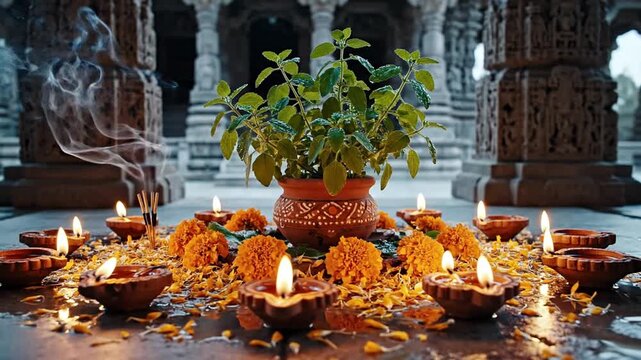 Celebrating Diwali with a lit plant arrangement surrounded by diyas and marigold flowers in a historic Indian temple, captured in a serene view