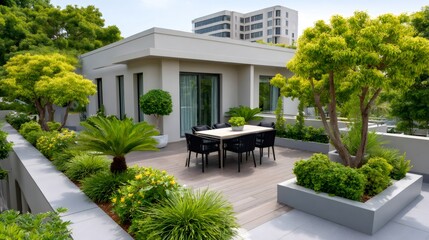 Fototapeta premium Luxurious rooftop terrace garden with modern outdoor furniture