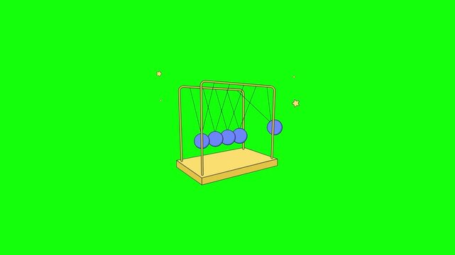 Cartoon Newton&rsquo;s cradle with blue balls swinging side to side in a classic physics loop, flat vector style, seamless animation on bright green chroma key background, no text.