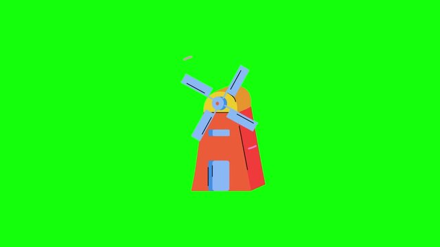 Flat cartoon orange windmill with blue blades spinning in a seamless loop, simple 2D style on bright green chroma key background, no text.