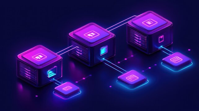 Data network, secure server cubes, digital files transfer, glowing neon background, tech illustration