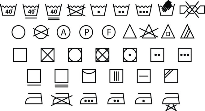 Comprehensive set of black and white laundry care symbols for garment washing, drying, ironing, and bleaching instructions, clothing labels, textile care, dry cleaning