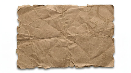 A rectangular piece of aged brown kraft paper, heavily crumpled and featuring uneven, rough torn edges, isolated against a pristine white background.
