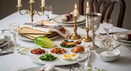 Fototapeta premium Passover Seder Table with Matzah, Seder Plate, and Candles.