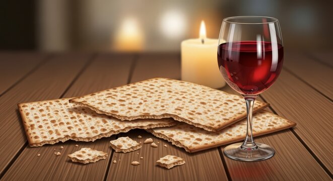 Passover Seder Table with Matzah, Wine, and Candle.