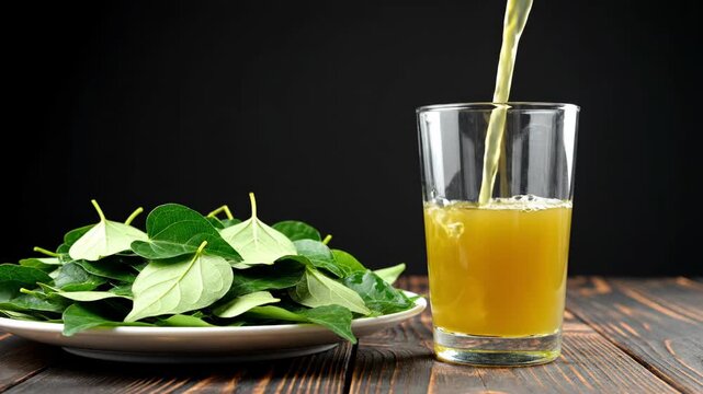 Healthy Giloy Juice Pouring into Glass with Fresh Green Leaves, Tinospora Cordifolia Organic Drink for Immunity and Ayurvedic Wellness