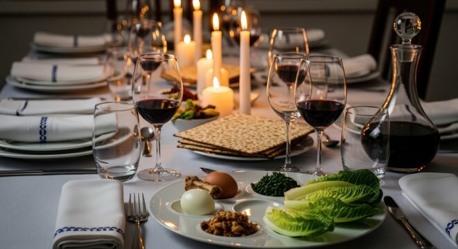 Passover Seder Table with Matzah, Wine, and Candles.