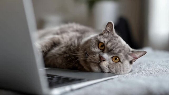 Lazy British Shorthair Cat Relaxing Near Laptop, Cozy Home Office Setting