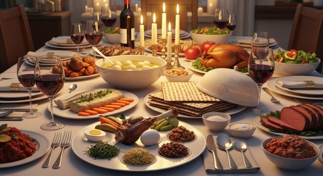 Traditional Passover Seder Meal with Candles and Matzah.